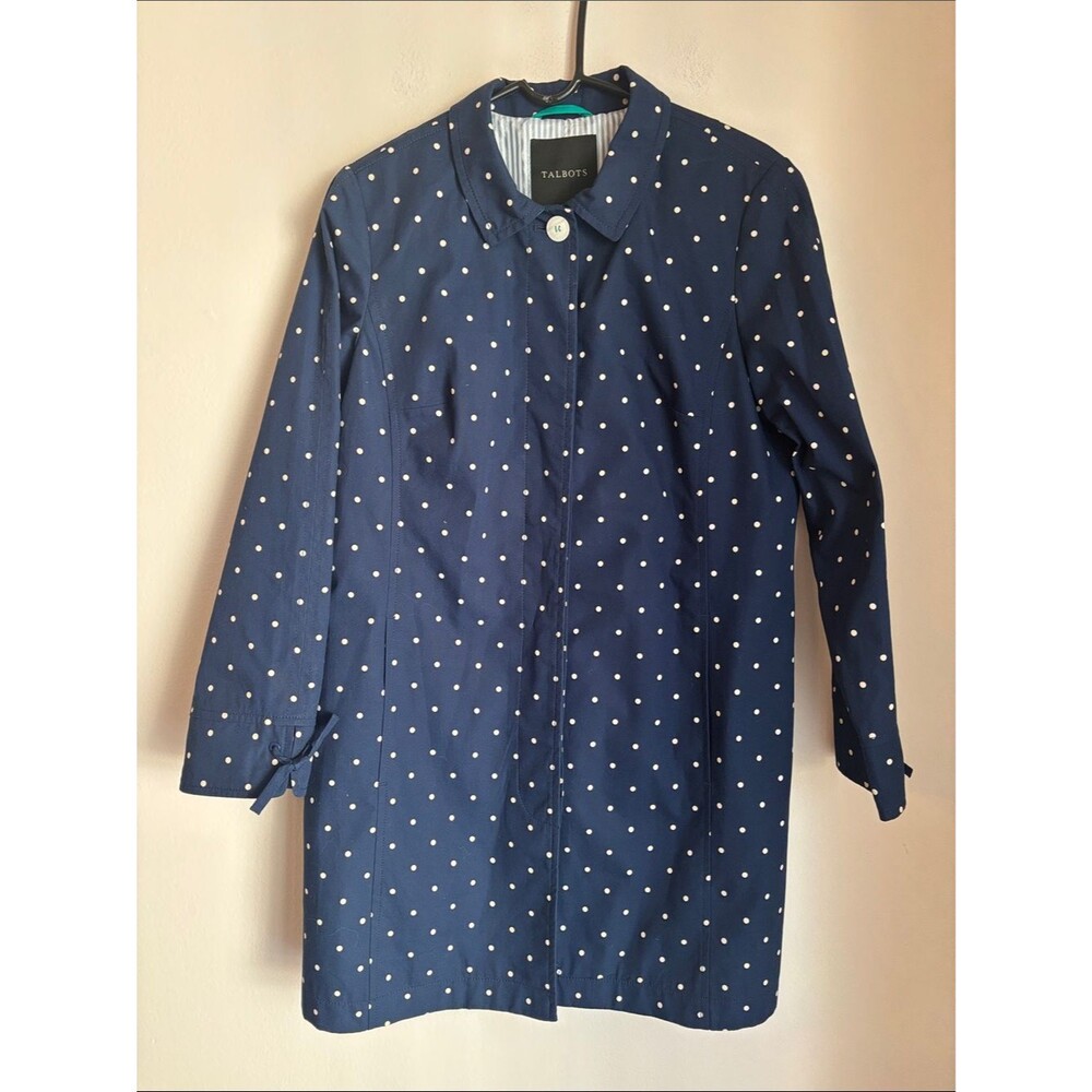 Talbots DOT-PRINT COTTON MAC Navy White Polka Dot Coat trench Womens 12 EUC cute - Picture 6 of 14